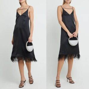 NWT NEW O.P.T. Kailah Black Feather Slip Satin Midi Dress | Large